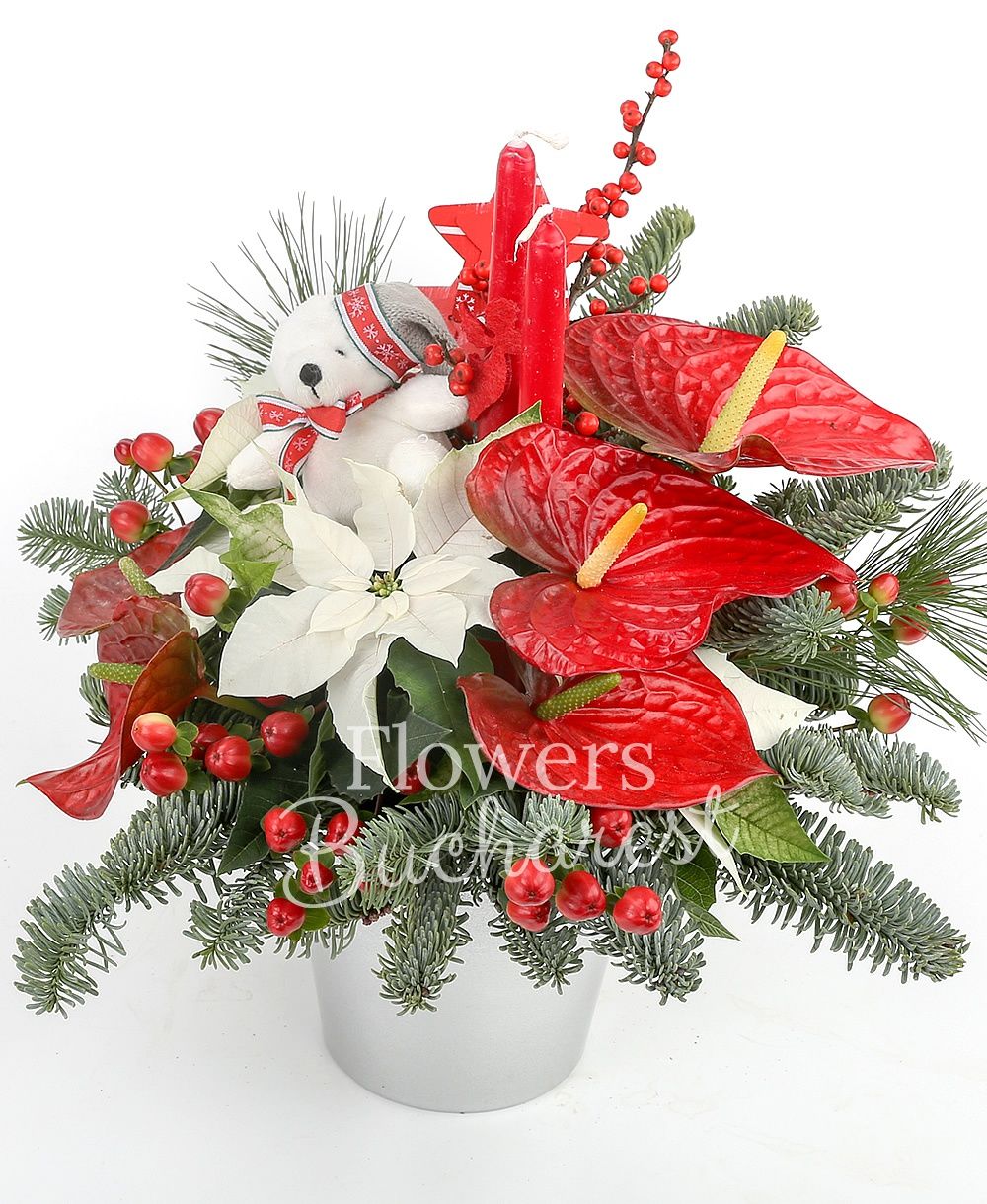 5 mini anthurium, 2 white euphorbia, small teddy bear, 3 red hypericum, 2 candles, fir tree, christmas decorations, vase