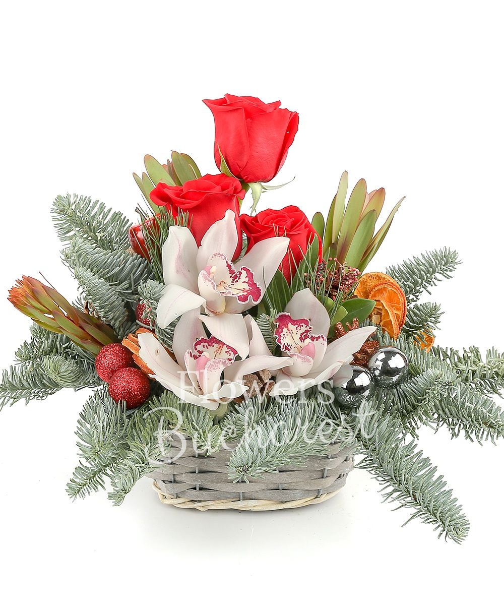 3 red roses, 3 white cymbidium, 2 leucadendron, 5 globes, decorations, basket