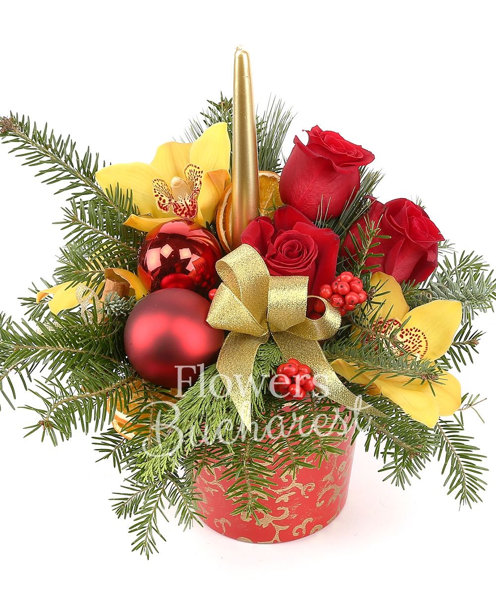 3 red roses, yellow cymbidium, ilex, christmas decorations, fir, vase