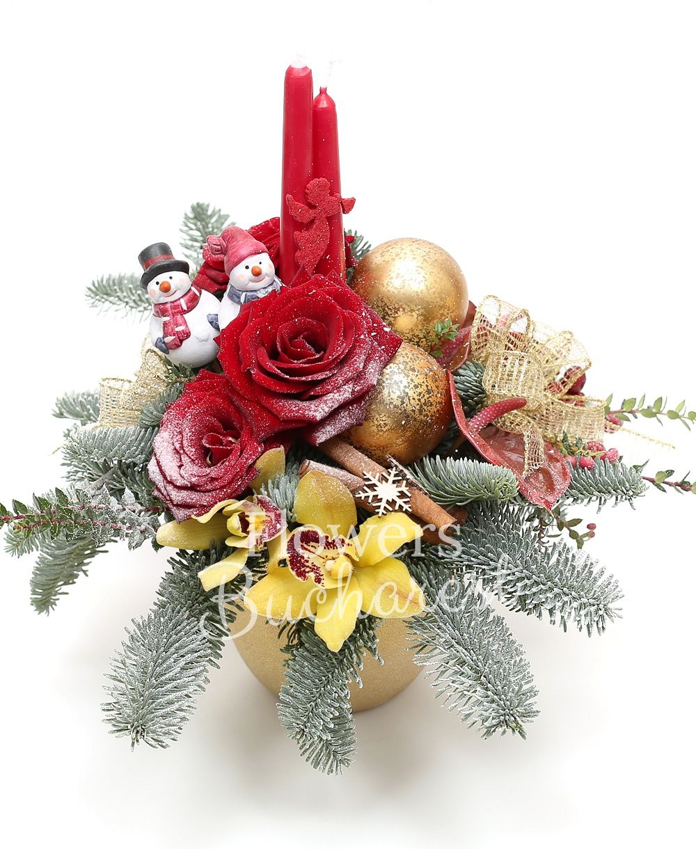 3 red roses, yellow cymbidium, anthurium, ilex, silver fir, christmas decorations, vase