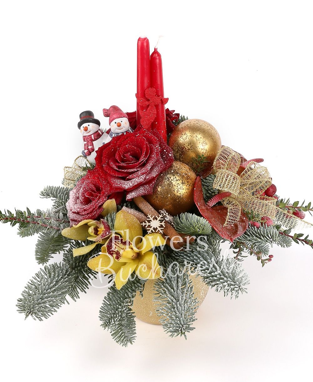 3 red roses, yellow cymbidium, anthurium, ilex, silver fir, christmas decorations, vase