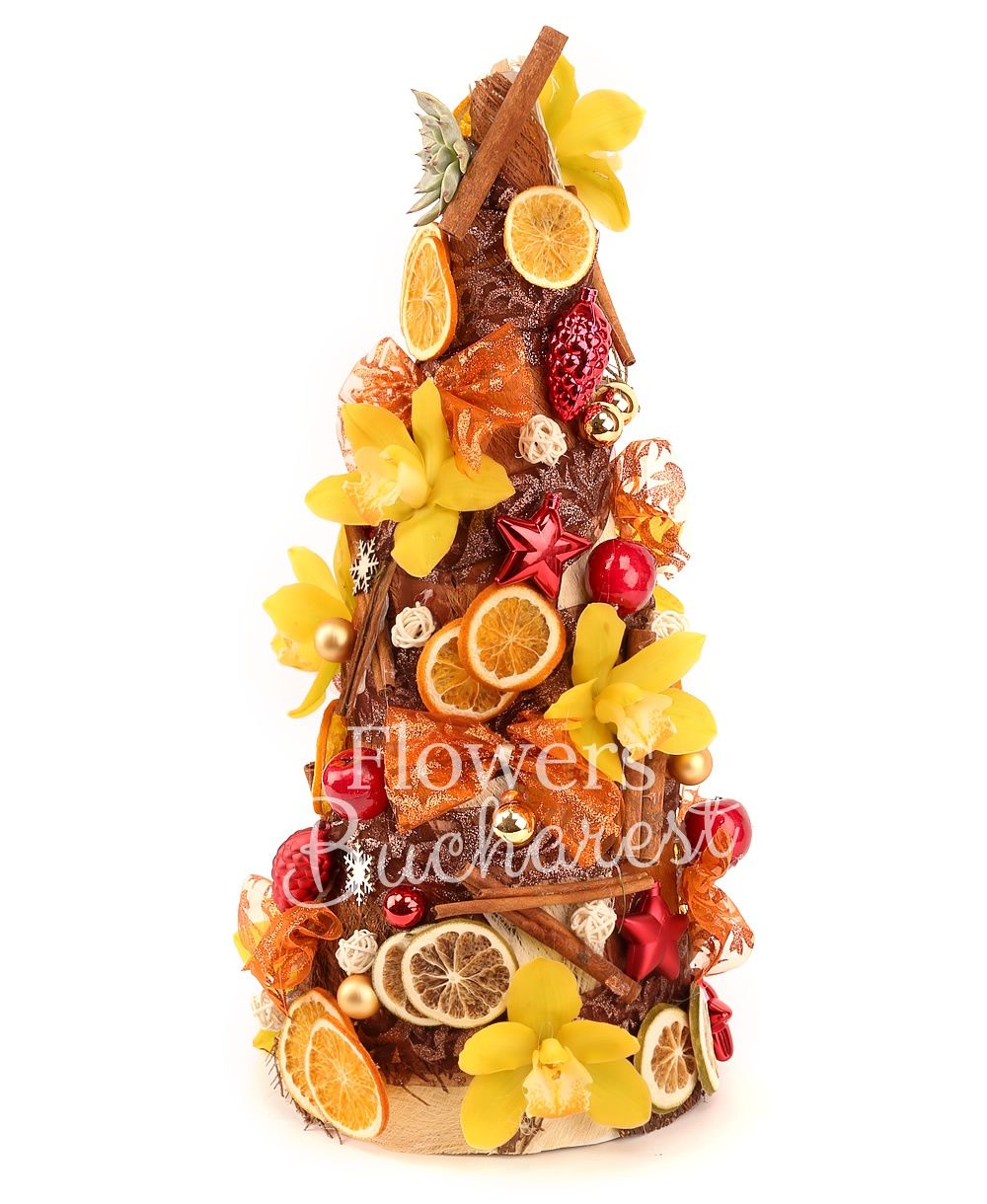 yellow cymbidium, cinnamon, dried oranges, apples, stars, cones, decorations