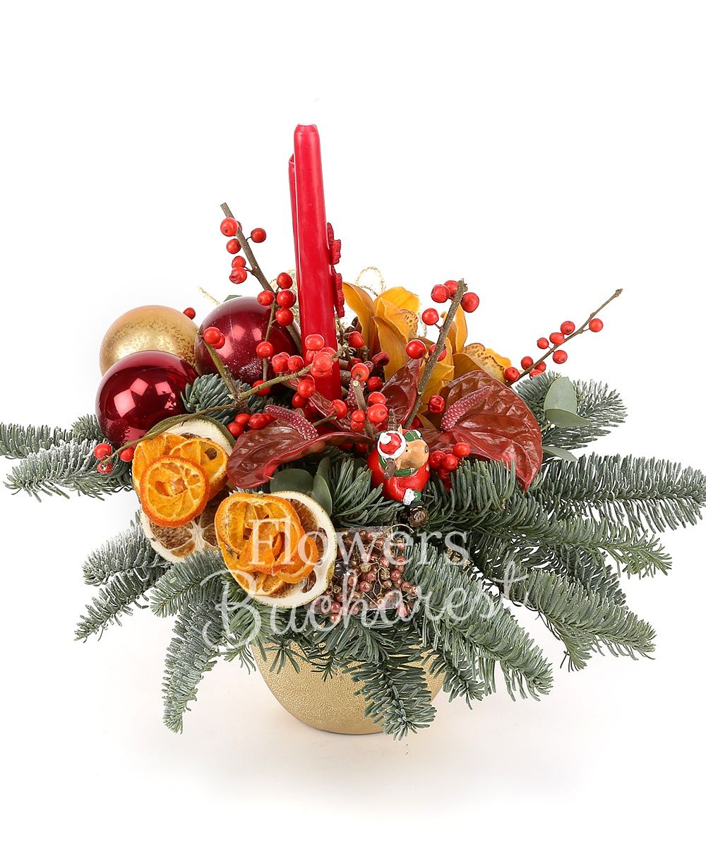 3 red anthurium, ilex, 1 yellow cymbidium, globes, dried fruits, candle, fir