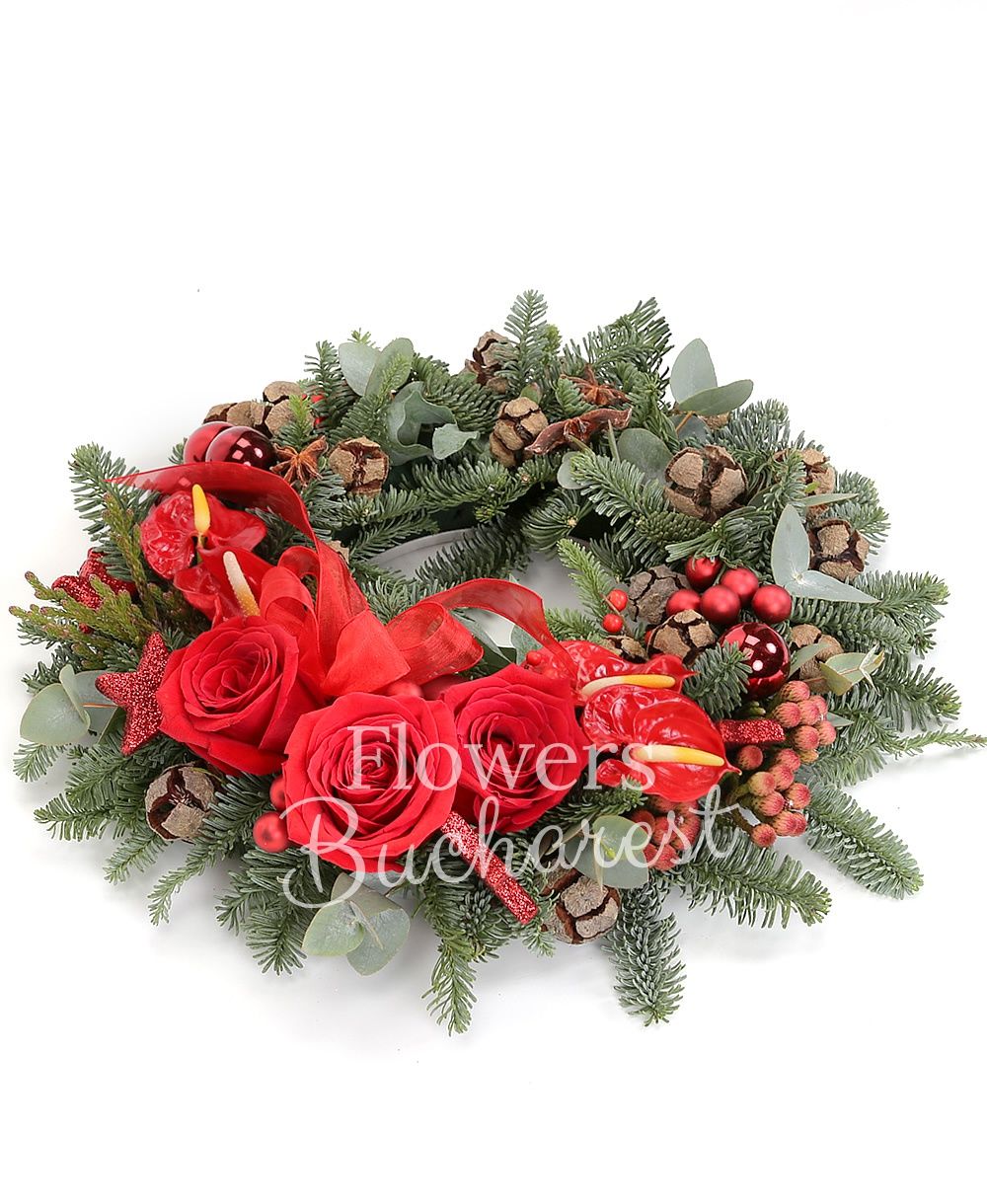 3 red roses, 4 anthurium, brunia, greenery, silver fir, christmas decorations